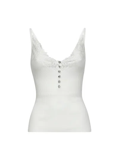 Self-portrait Lace Trim Rib Knit Viscose Blend Top In White