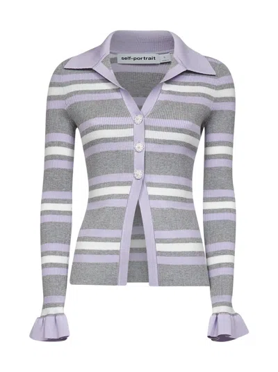 Self-portrait Grey Cardigan With Spread Collar And All-over Striped Motif In Viscose Blend Woman In Multi