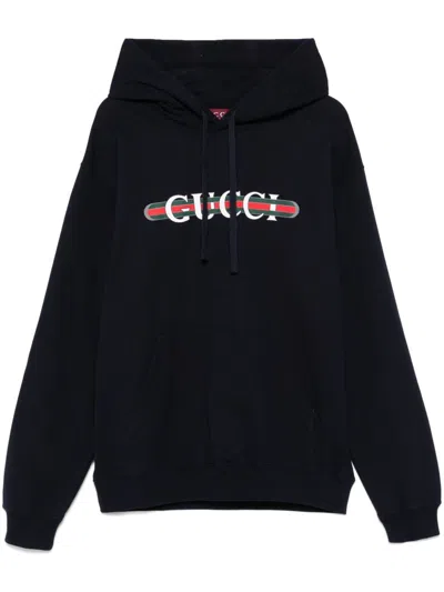 Gucci Men Blue Hoodie With Drawstring Hood And Logo Print On The Front In Jersey Man