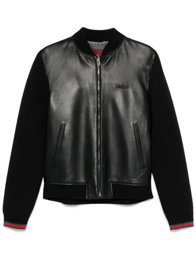 Gucci Black Bomber Jacket With Front Logo In Nappa Leather And Mesh Man