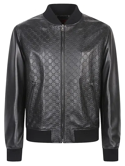 Gucci Men Gg Leather Bomber Jacket