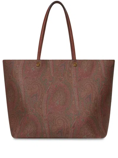 Etro Luxurious Xl Tote Handbag In Brown Leather With Paisley Print For Women
