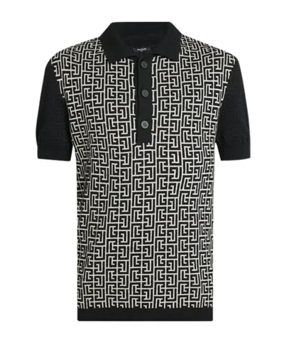 Balmain Wool And Linen Polo Shirt With Monogram Motif In Black