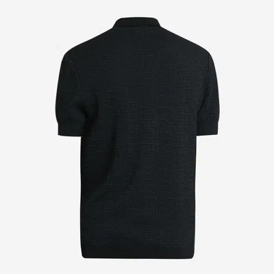 Balmain Wool And Linen Polo Shirt With Monogram Motif In Black