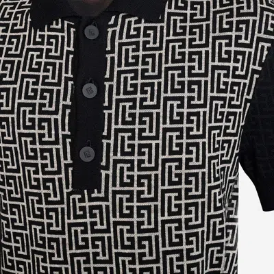 Balmain Wool And Linen Polo Shirt With Monogram Motif In Black