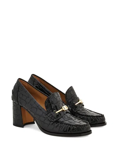 Ferragamo Croc-embossed Block Heel Round Toe Pumps In Black