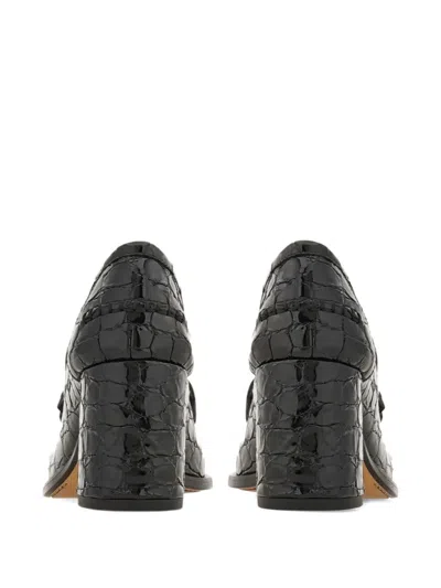 Ferragamo Croc-embossed Block Heel Round Toe Pumps In Black