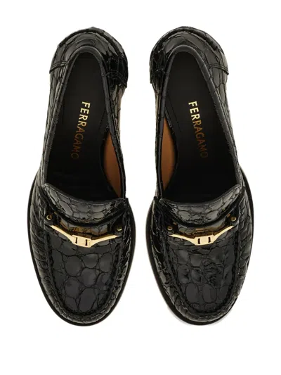 Ferragamo Croc-embossed Block Heel Round Toe Pumps In Black