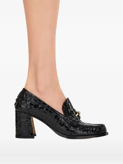 Ferragamo Croc-embossed Block Heel Round Toe Pumps In Black