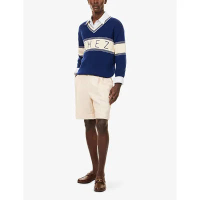 Valentino Embroidered Striped Virgin Wool And Cotton-blend Sweater In Blue