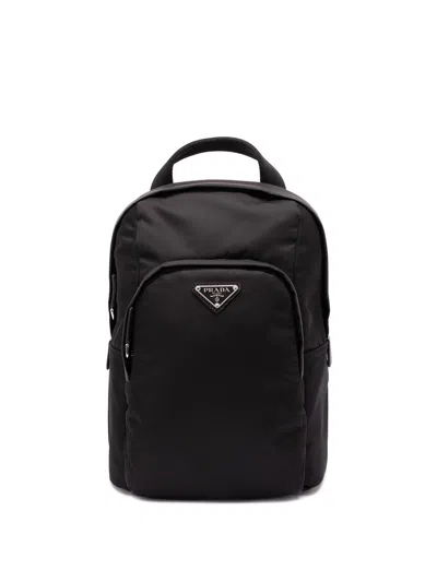 Prada Mens Black Logo-plaque Re-nylon And Saffiano-leather Backpack In Blue