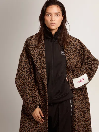 Golden Goose Single-breasted Cocoon Wool Coat With Jacquard Motif In Brown