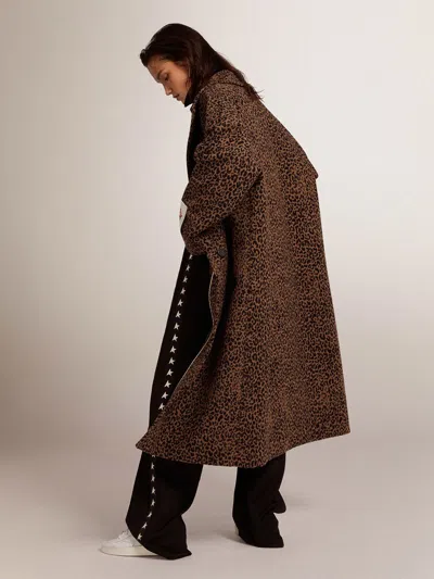 Golden Goose Single-breasted Cocoon Wool Coat With Jacquard Motif In Brown