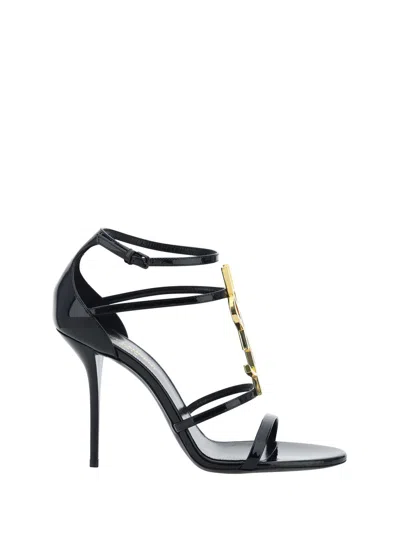 Saint Laurent Cassandra Black Leather Sandals With Logo