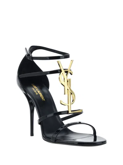 Saint Laurent Cassandra Black Leather Sandals With Logo