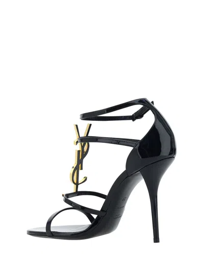 Saint Laurent Cassandra Black Leather Sandals With Logo