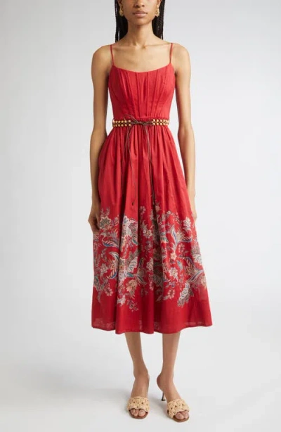Zimmermann Rhiannon Cotton Corset Midi Dress In Red