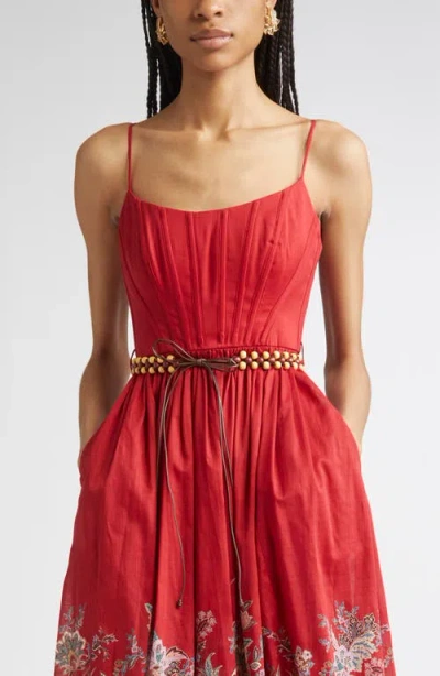 Zimmermann Rhiannon Cotton Corset Midi Dress In Red