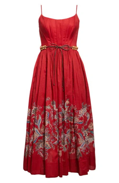 Zimmermann Rhiannon Cotton Corset Midi Dress In Red
