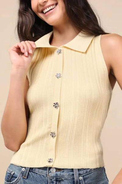 Lulus Jena Light Yellow Ribbed Knit Button-front Tank Top In Red