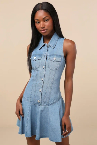 Lulus Jaila Medium Wash Denim Collared Mini Dress In Blue
