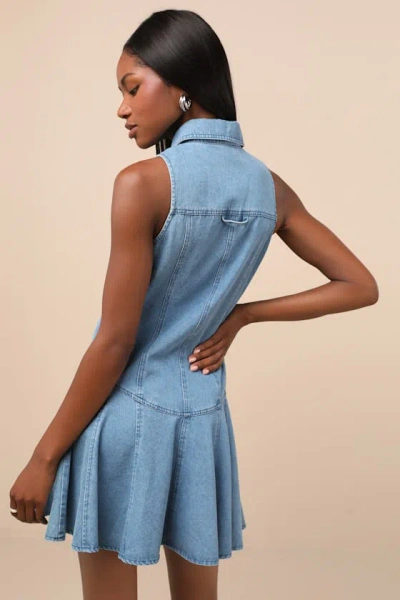 Lulus Jaila Medium Wash Denim Collared Mini Dress In Blue