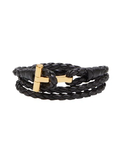 Tom Ford Leather T-plate Woven Bracelet With Braided Pattern In Brown