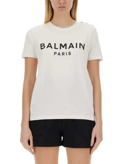 Balmain Women Logo Organic Cotton T-shirt In White