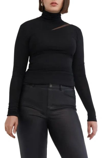 Marcella Vee Mesh Cutout Turtleneck Top