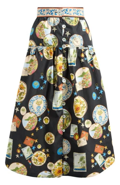 Farm Rio Trip Souvenir Black Mixed Buttons Midi Skirt Trip Souvenir Black