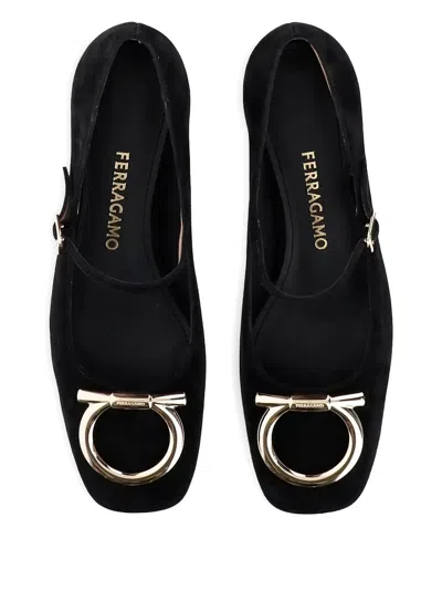 Ferragamo Suede Gancini Heeled Ballerina With Gold Hardware In Black