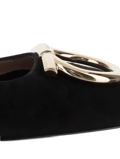 Ferragamo Suede Gancini Heeled Ballerina With Gold Hardware In Black