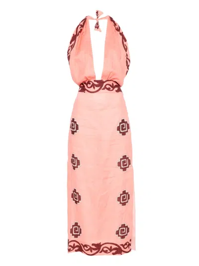 Johanna Ortiz Energetic Patterns Linen Halter Midi Dress In Pink