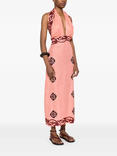 Johanna Ortiz Energetic Patterns Linen Halter Midi Dress In Pink