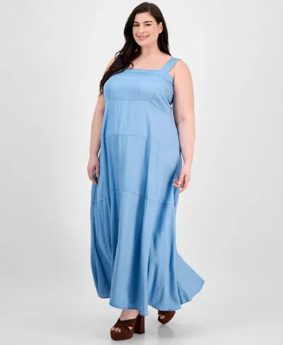 Vince Camuto Plus Size Square-neck Smocked-back Sleeveless Maxi Dress In Blue