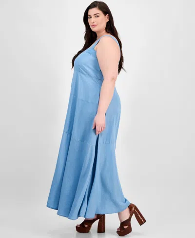 Vince Camuto Plus Size Square-neck Smocked-back Sleeveless Maxi Dress In Blue