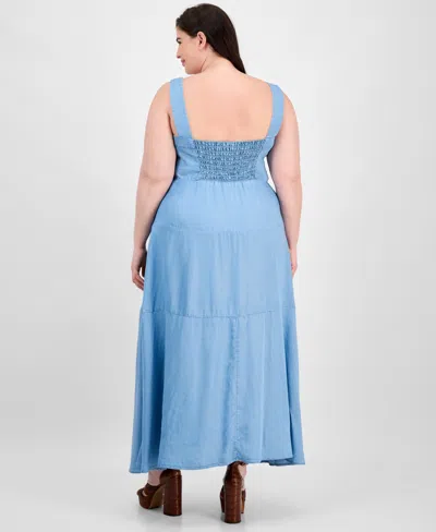 Vince Camuto Plus Size Square-neck Smocked-back Sleeveless Maxi Dress In Blue
