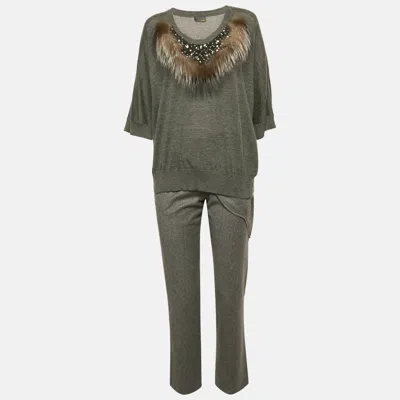 Pre-owned Fendi Grey Fur Trim Cashmere And Wool Knit Top And Pants Set S