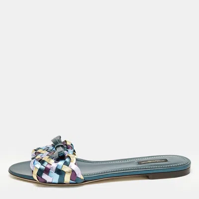 Pre-owned Dolce & Gabbana Multicolor Metallic Leather Woven Bow Flat Slide Sandals Size 40
