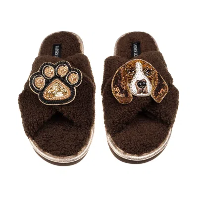 Laines London Women's Brown / Neutrals Laines Neutral Boucle Slippers With Ziggy The Beagle & Paw Brooches - Choco