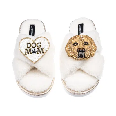 Laines London Women's Neutrals / White Laines Neutral Boucle Slippers With Skip The Golden Lab & Dog Mum/mom Brooc