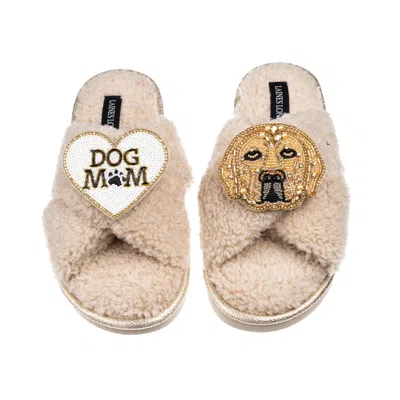 Laines London Women's Brown / Neutrals Laines Neutral Boucle Slippers With Skip The Golden Lab & Dog Mum/mom Brooc