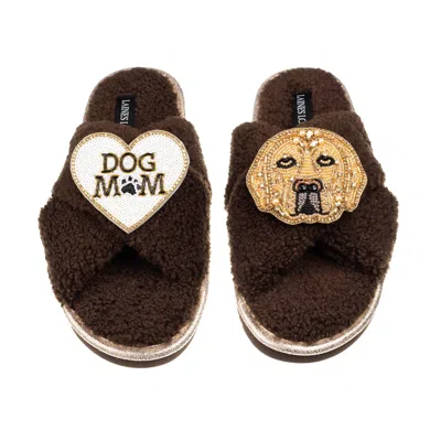 Laines London Women's Brown / Neutrals Laines Neutral Boucle Slippers With Skip The Golden Lab & Dog Mum/mom Brooc