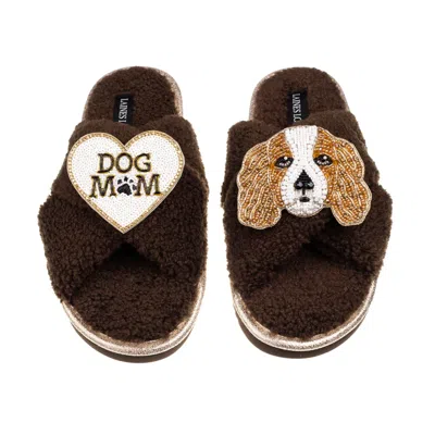 Laines London Brown / Neutrals Laines Neutral Boucle Slippers With Lady The King Charles & Dog Mum/mom Brooches - 