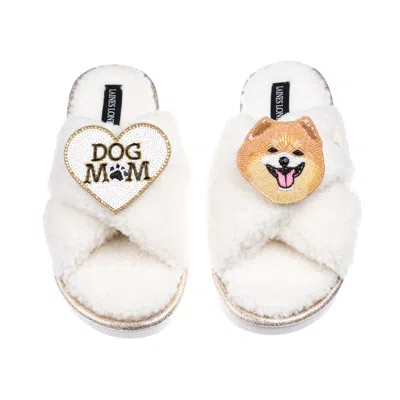 Laines London Women's Neutrals / White Laines Neutral Boucle Slippers With Teddy The Pomeranian & Dog Mum/mom Broo