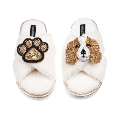 Laines London Neutrals / White Laines Neutral Boucle Slippers With Lady The King Charles & Paw Brooches - Cream