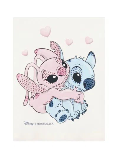 Monnalisa White Dress With Front Print And Built-in Skirt In Cotton Blend Girl