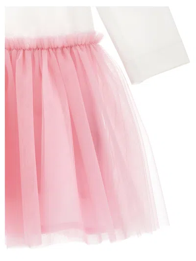 Monnalisa White Dress With Front Print And Built-in Skirt In Cotton Blend Girl