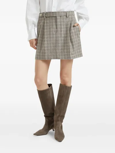 Brunello Cucinelli Checked Virgin Wool Flannel Miniskirt In Gray