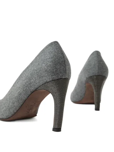 Brunello Cucinelli Water-resistant Virgin Wool Flannel Heels With Precious Details In Gray